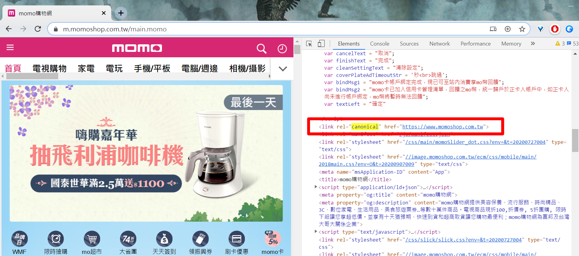 行動版本網址(小網),有 canonical 指向桌機的標準網址(大網)